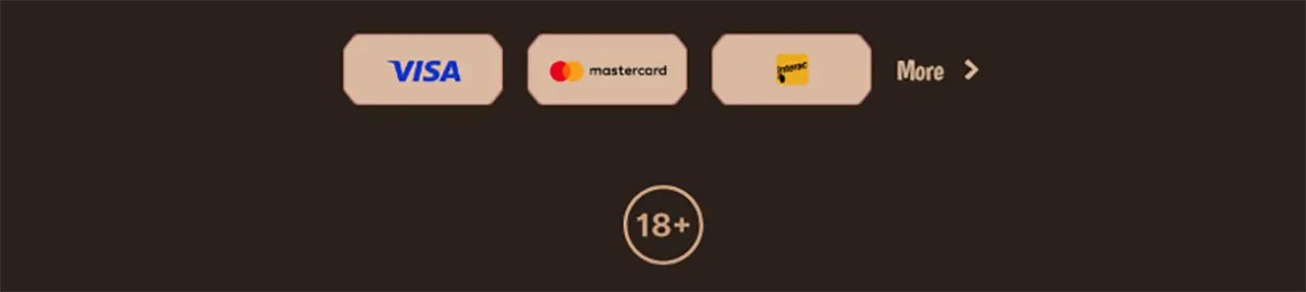 Casino payment options showing Visa, Mastercard and Paysafecard with an 18+ age restriction icon on a dark background