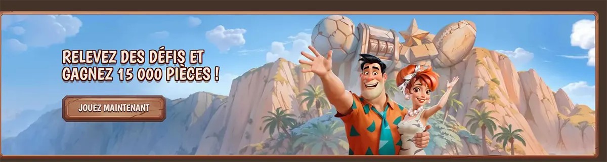 Stone Vegas Casino promotional banner with cartoon characters inviting players to take on challenges and win 15,000 coins, featuring a “Play Now” button in French