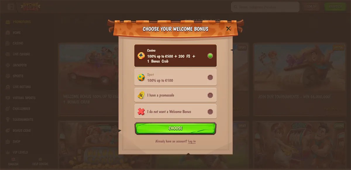 Choose your welcome bonus at Stone Vegas Casino, including a casino offer of 100% up to €6,500 plus 200 free spins and a bonus crab, or a sports bonus of 100% up to €100.