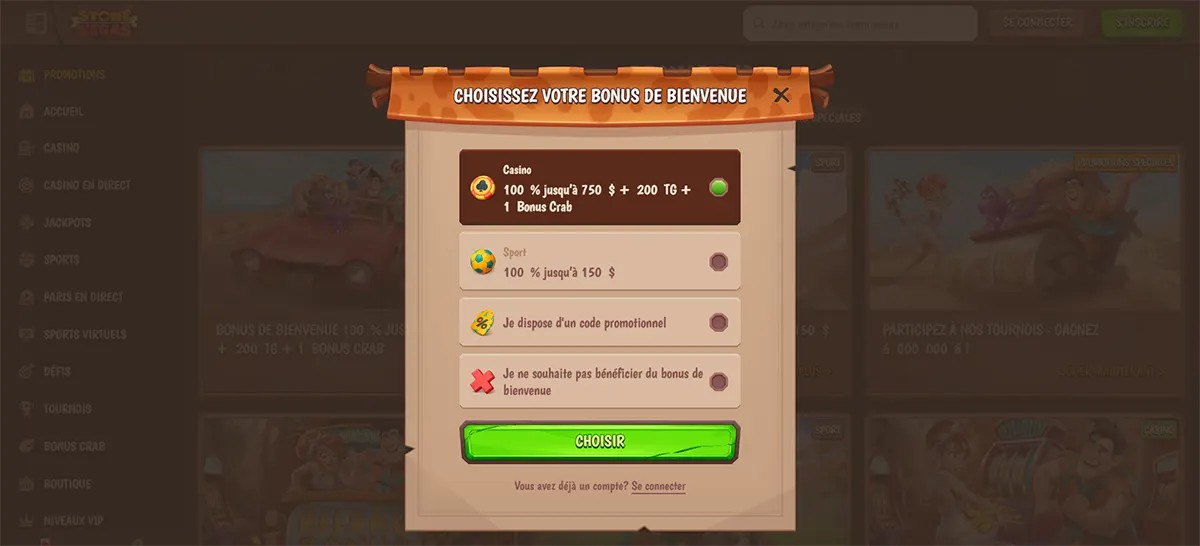 Stone Vegas Casino welcome bonus selection popup in French showing casino and sports bonus options with deposit offers and a “Choose” button